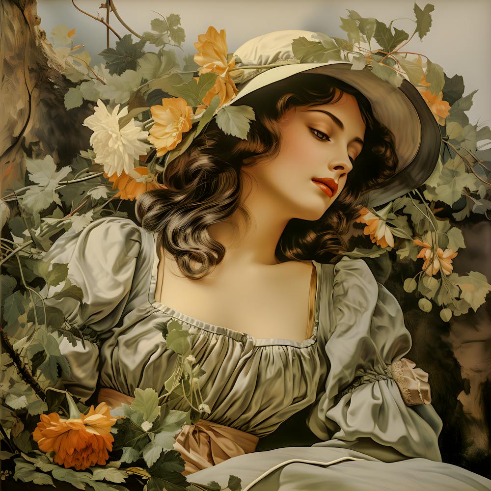 Romantic Portrait of a Woman in Floral Hat - Vintage Elegance Art