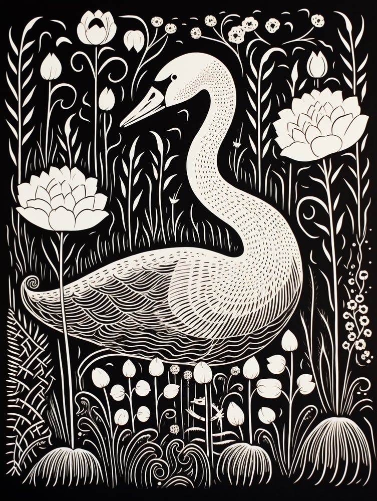 B&W Bird Linocut Swan 3