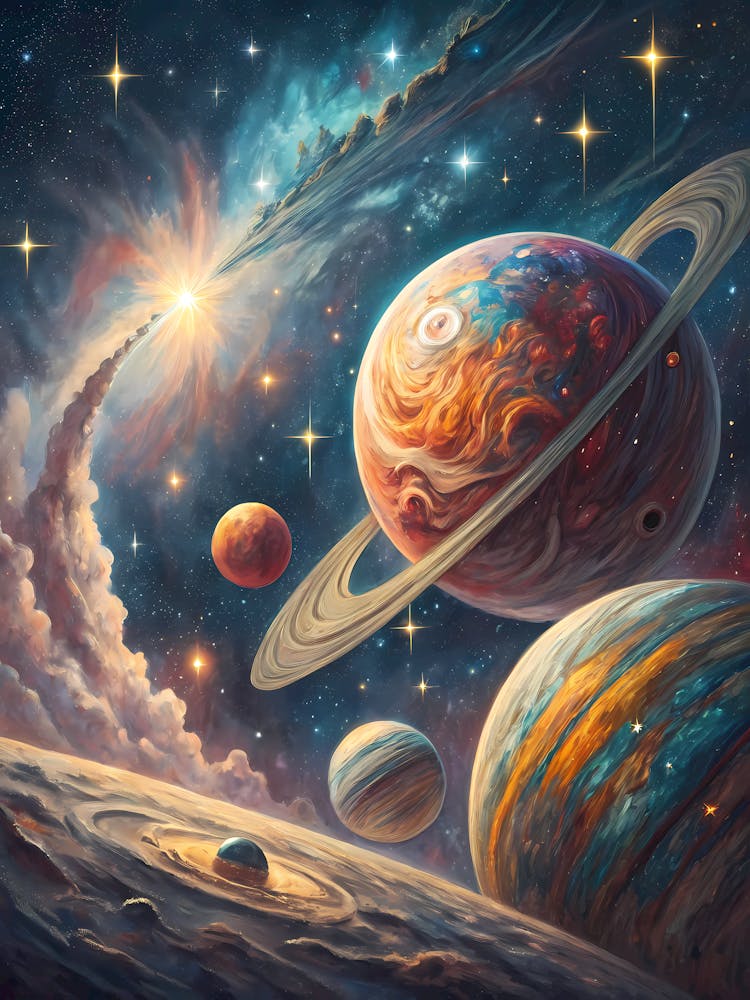 Cosmic Planets in a Star-Filled Sky Oil Painting Style