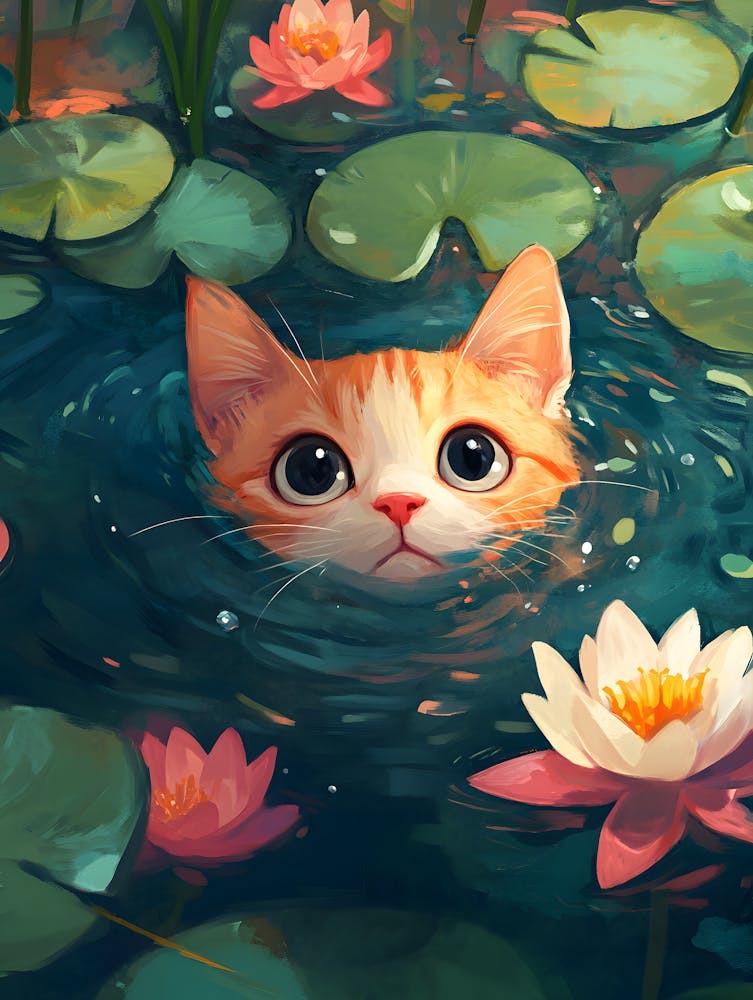 Cute Cat Swimming Among Water Lilies 14