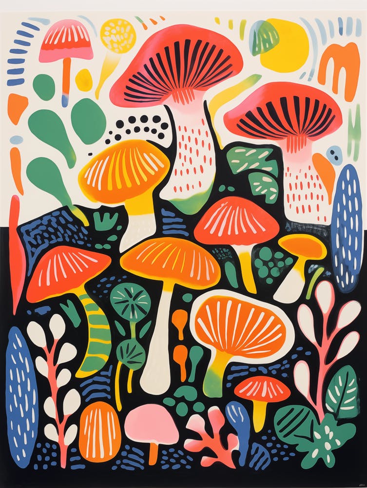 Colorful Matisse-style Mushrooms And Plants