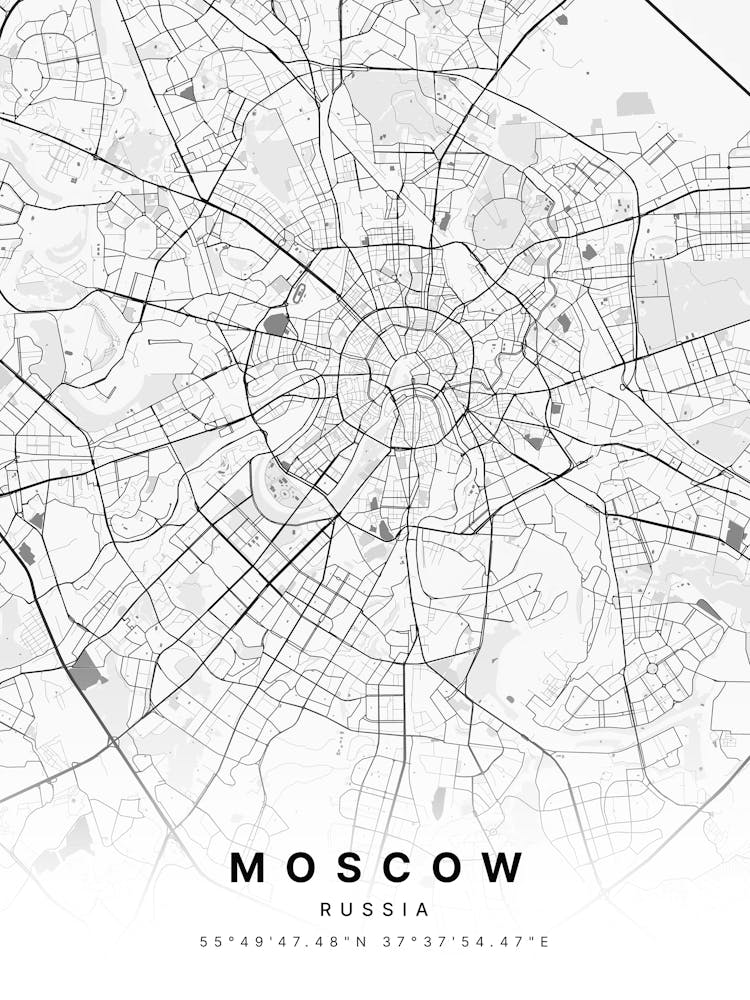 Moscow Russia White Map Zoomed