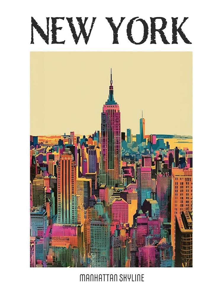 Manhattan Skyline New York Colourful Silkscreen Illustration 1 Poster