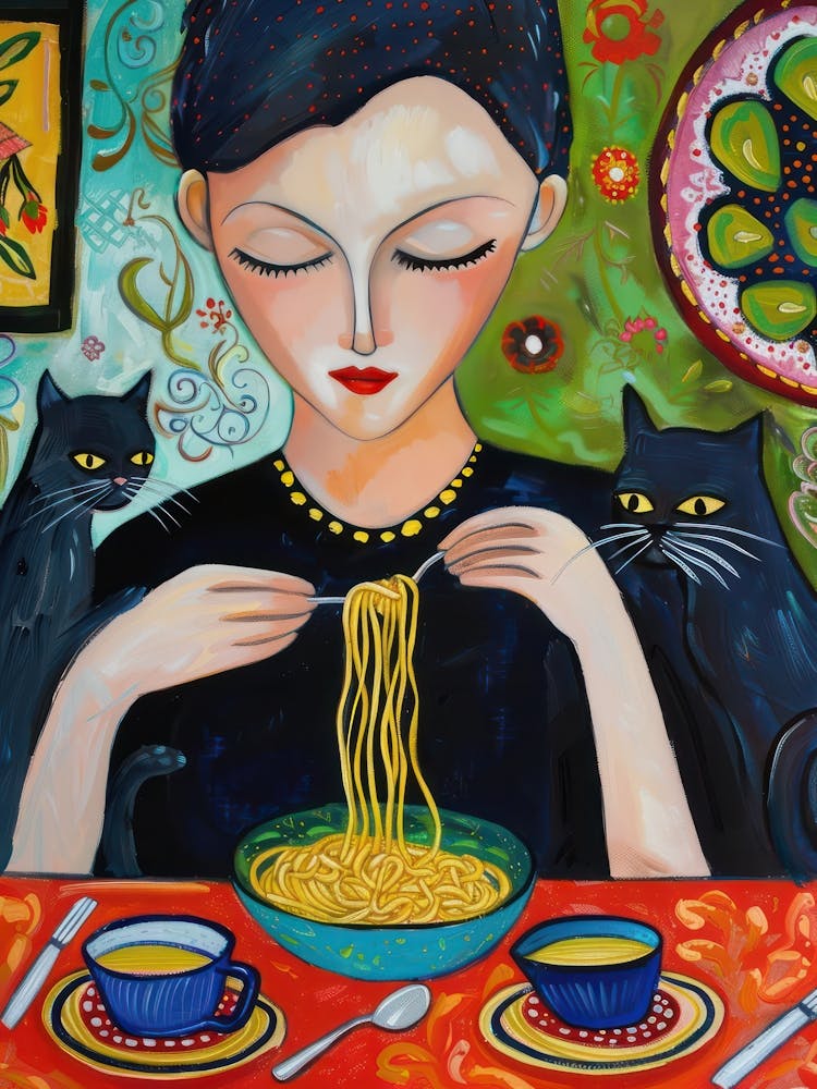 Portrait Of A Woman With Cats Eating Spaghetti 1