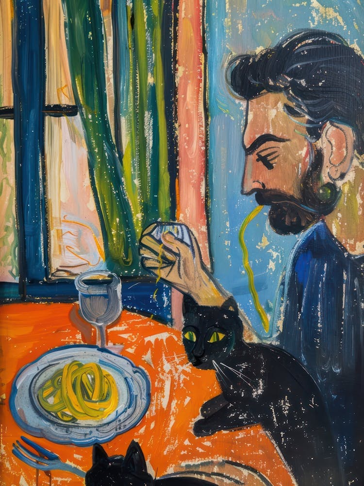 Man With Cats Eating Pasta