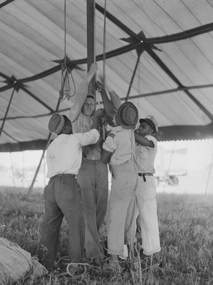 Tightening Ropes In Raising Circus Tent, Lasses White Traveling Show, Sikeston, Missouri By Russell Lee