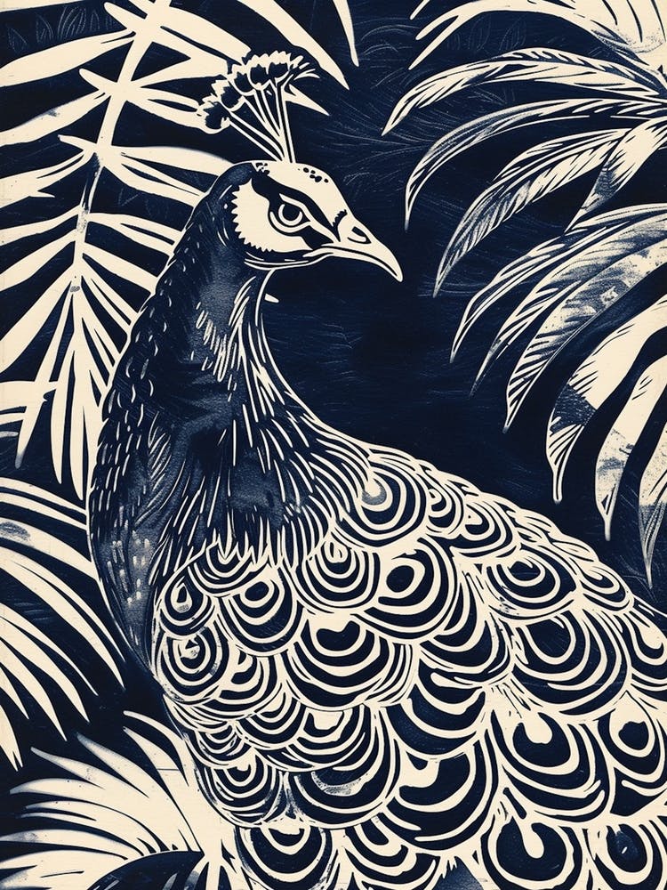 Navy Blue Peacock With Tropical Leaves 3