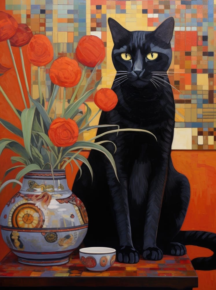 Black Cat With Tulips 3