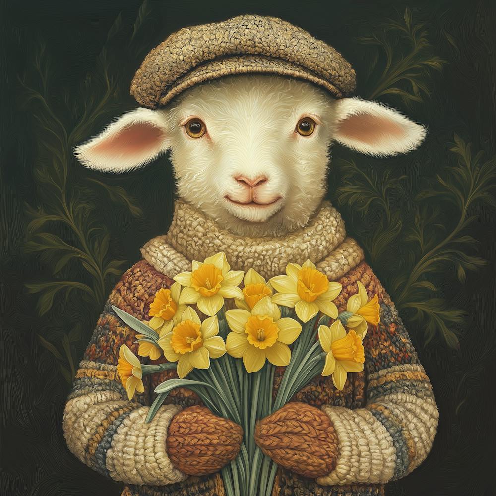 A Sheep Wearing An Old Fashioned Cap And Sweater Holding Daffodils
