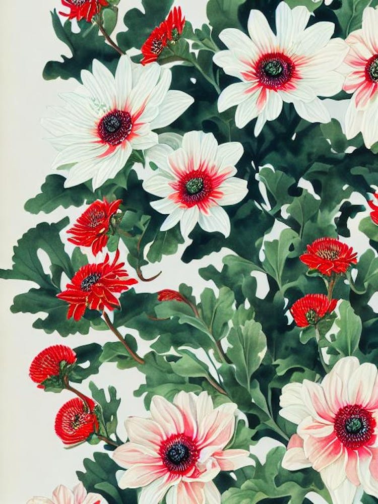 Red Waratah Anemone Vintage Graphic Watercolour