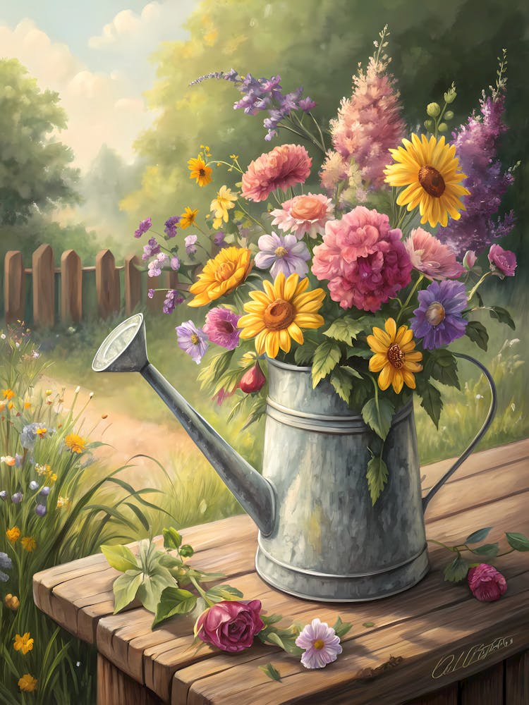 Oil Painting Style Cottage Garden Watering Can Rustic Floral Arrangement