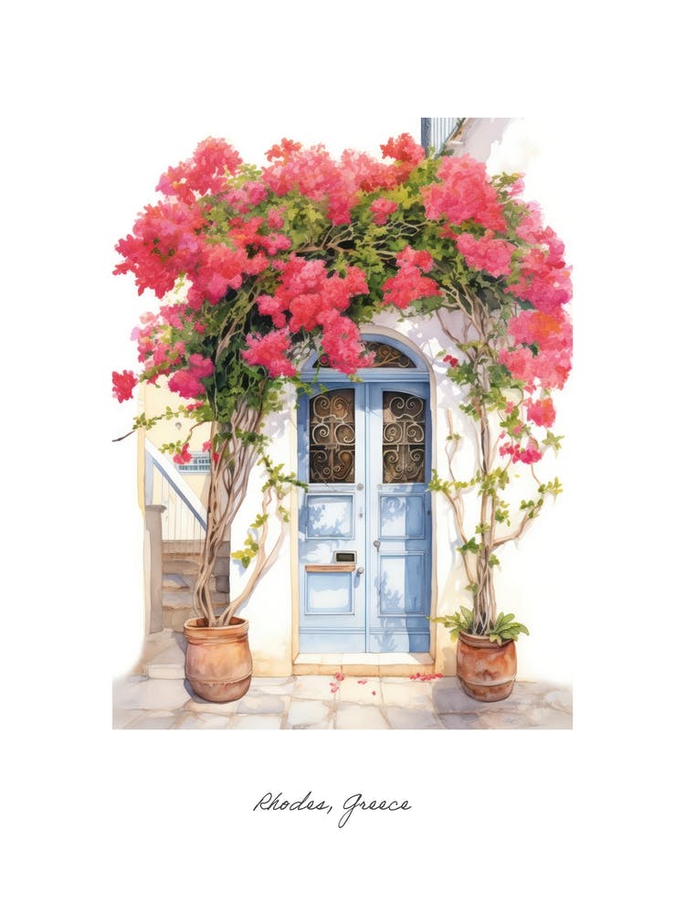 Rhodes, Greece   Mediterranean Doors Watercolour Painting 2 Poster