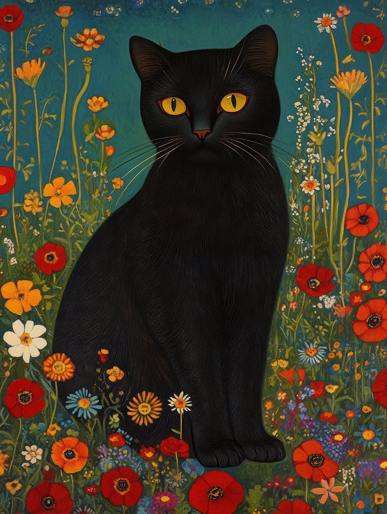 Black Cat In A Flower Field 3