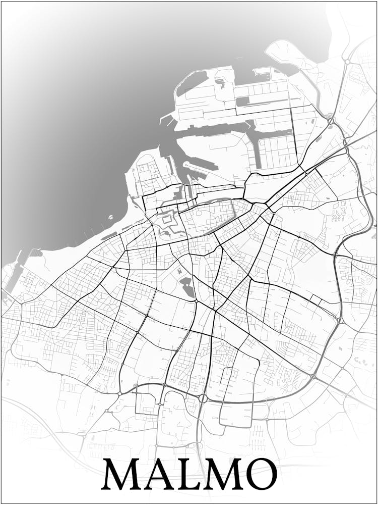 Malmö, Sweden, City Map, Black And White Fade Design
