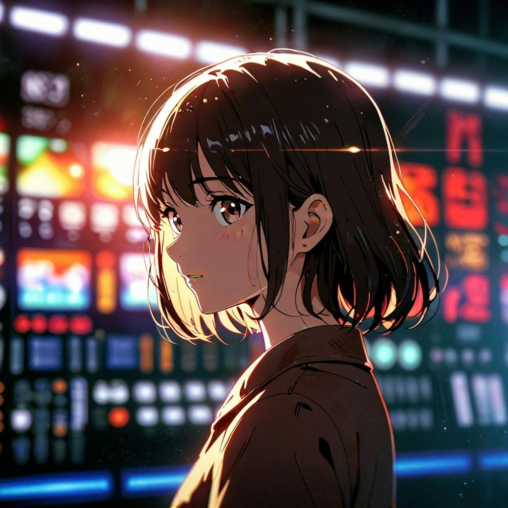 Anime-Mädchen steht vor Lichtern