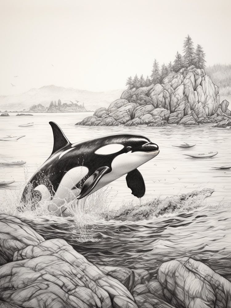 Rocky Pencil Line Drawing Of Orca Whale