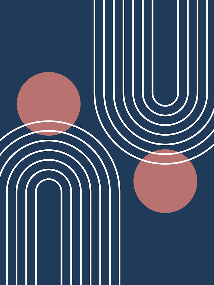 Mid Century Modern Geometric In Navy Blue And Marsala (Rainbow And Sun Abstract) 01