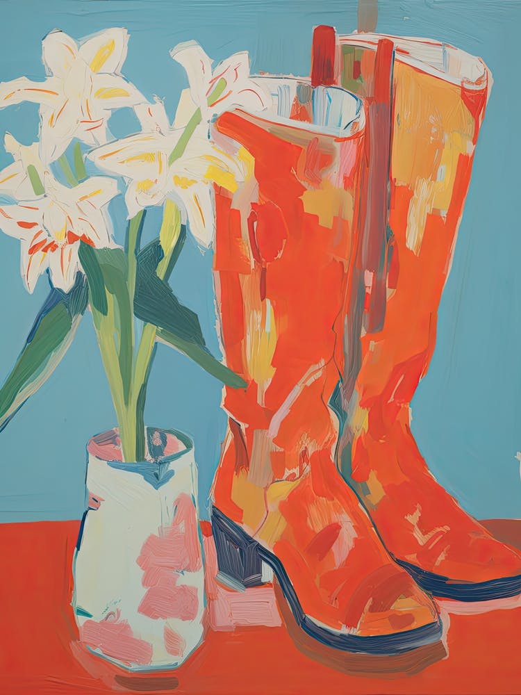 Painting Of White Flowers And Cowboy Boots, Oil Style 7