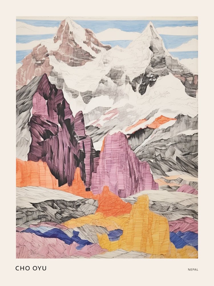Cho Oyu Nepal 1 Colourful Mountain Illustration Poster
