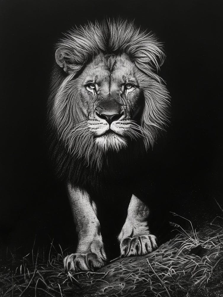 Barbary Lion Charcoal Drawing Night Hunt 3