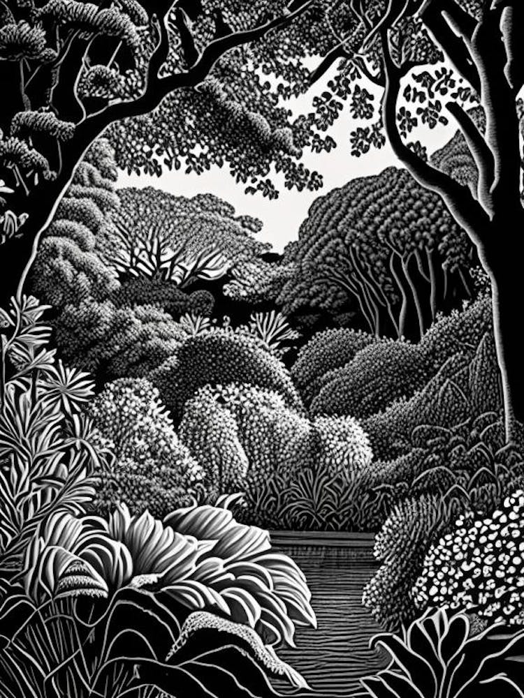 Brooklyn Botanic Garden, 1, Usa Linocut Black And White Vintage