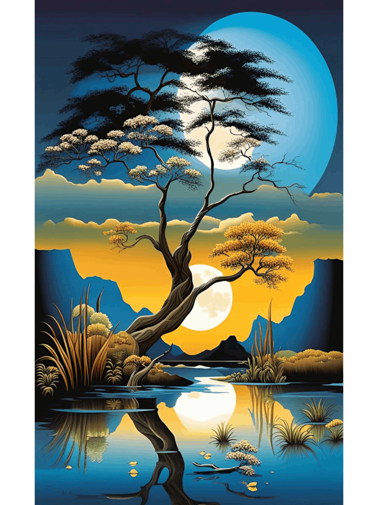 surreal tree and moonlit lake digital art print