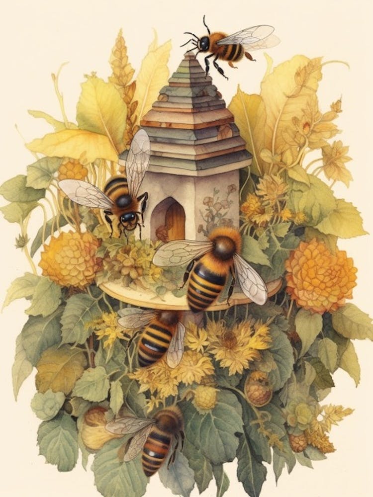 European Honey Bee Beehive Watercolour Illustration 1