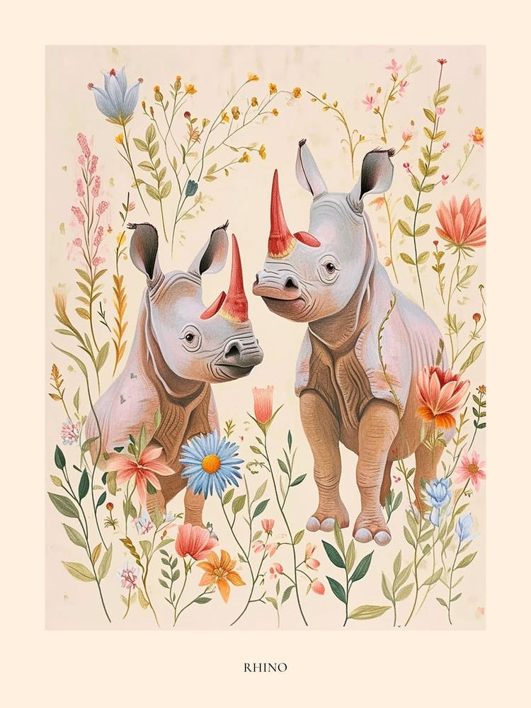 Folksy Floral Animal Drawing Rhino Poster