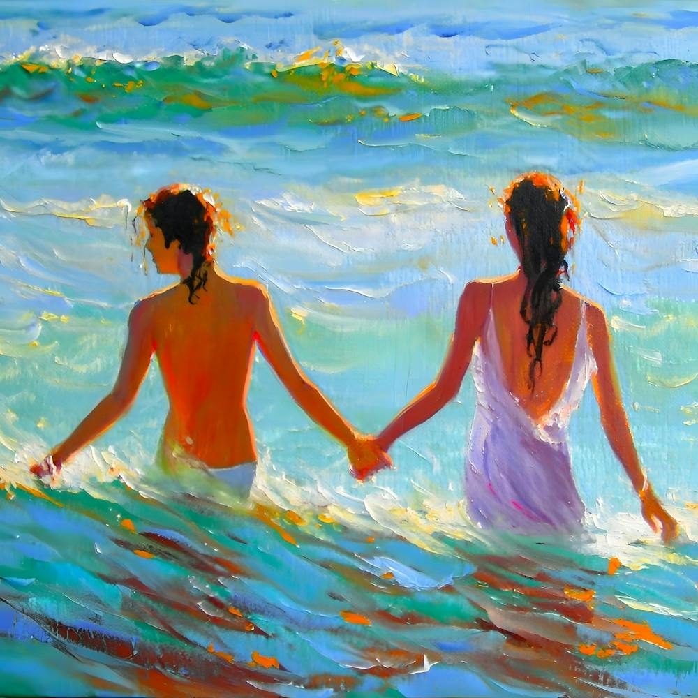 Romantic Beach Painting: Couple Holding Hands in the Ocean Waves