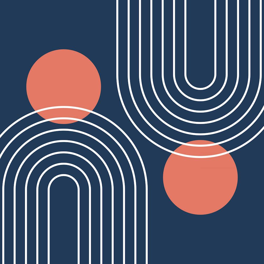 Mid Century Modern Geometric C3 In Navy Blue And Coral (Rainbow And Sun Abstraction) 02