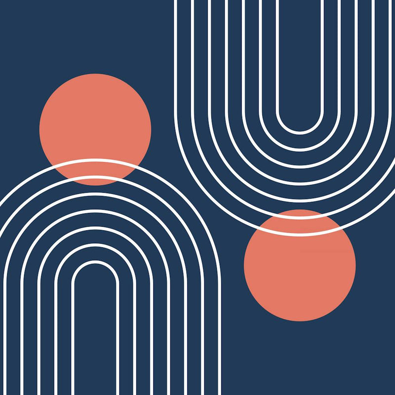 Mid Century Modern Geometric C3 In Navy Blue And Coral (Rainbow And Sun Abstraction) 02