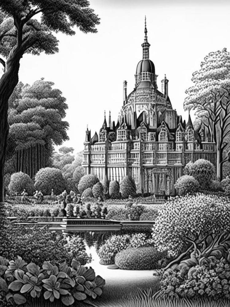 Château De Chantilly Gardens, France Linocut Black And White Vintage