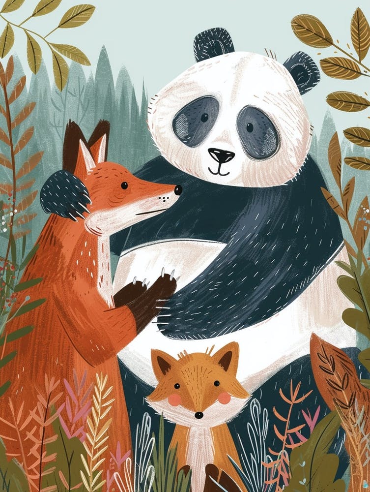 Giant Pand And A Fox Storybook Illustration 2