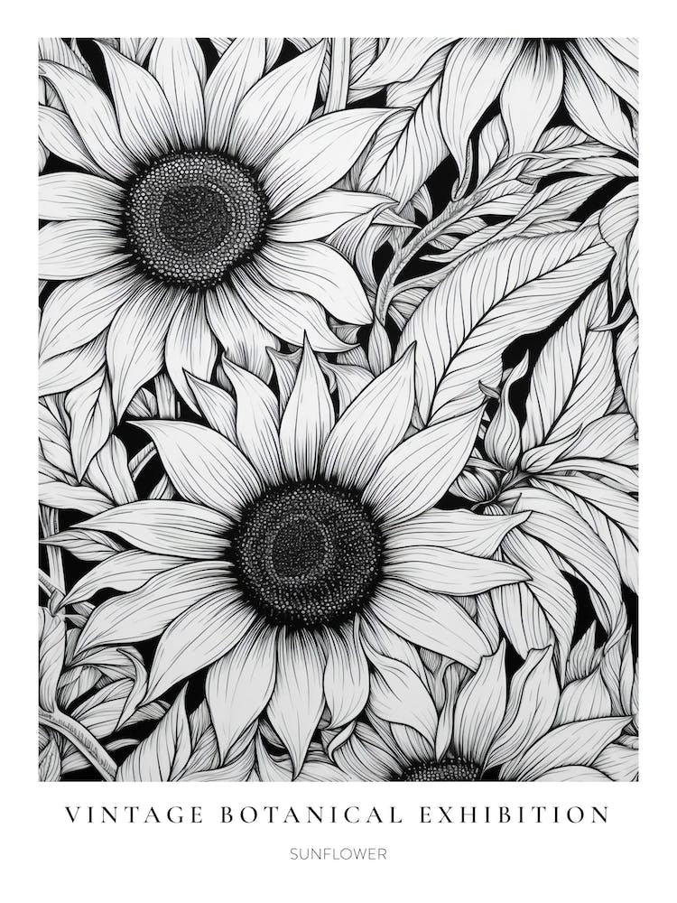Sunflower B&W Vintage Botanical Poster
