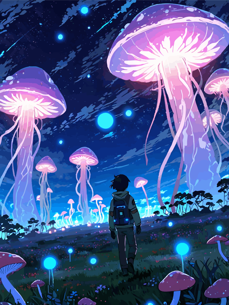 Man Walking Through A Field Of Mushrooms