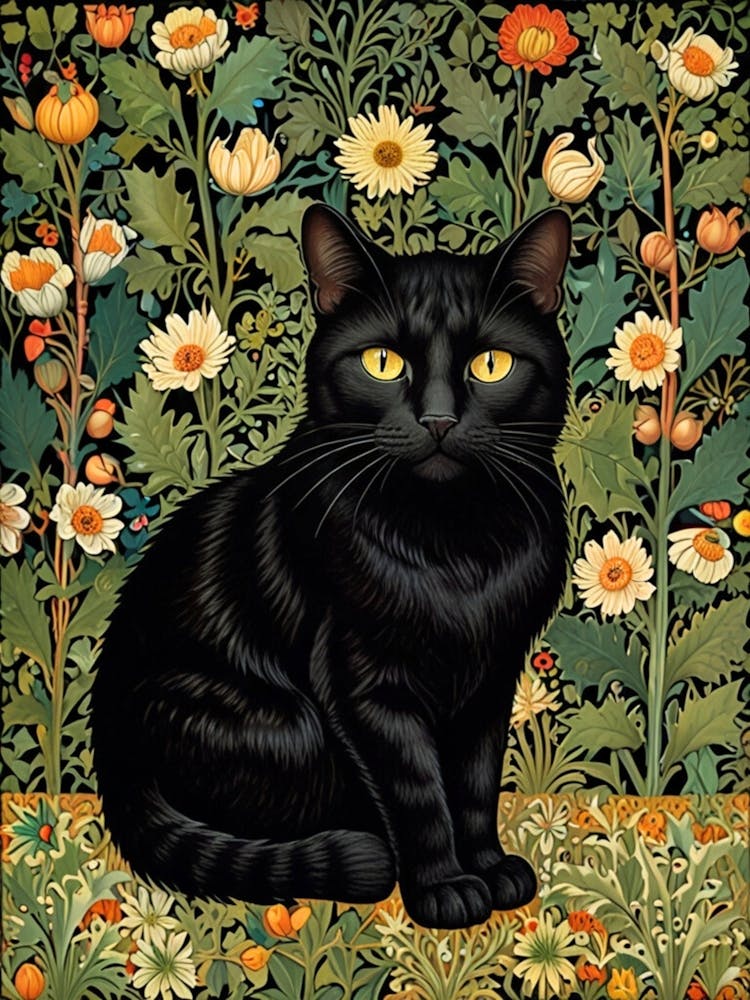 William Morris Black Cat In Flowers 3