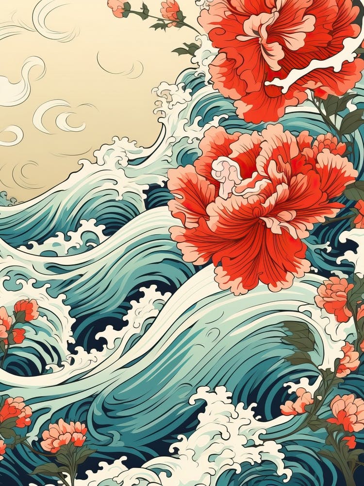 Great Wave With Orchid Flower Drawing In The Style Of Ukiyo E 2