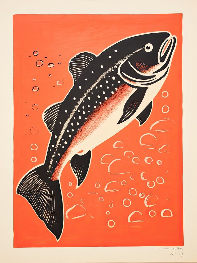 Salmon, Woodblock Animal  Drawing 3