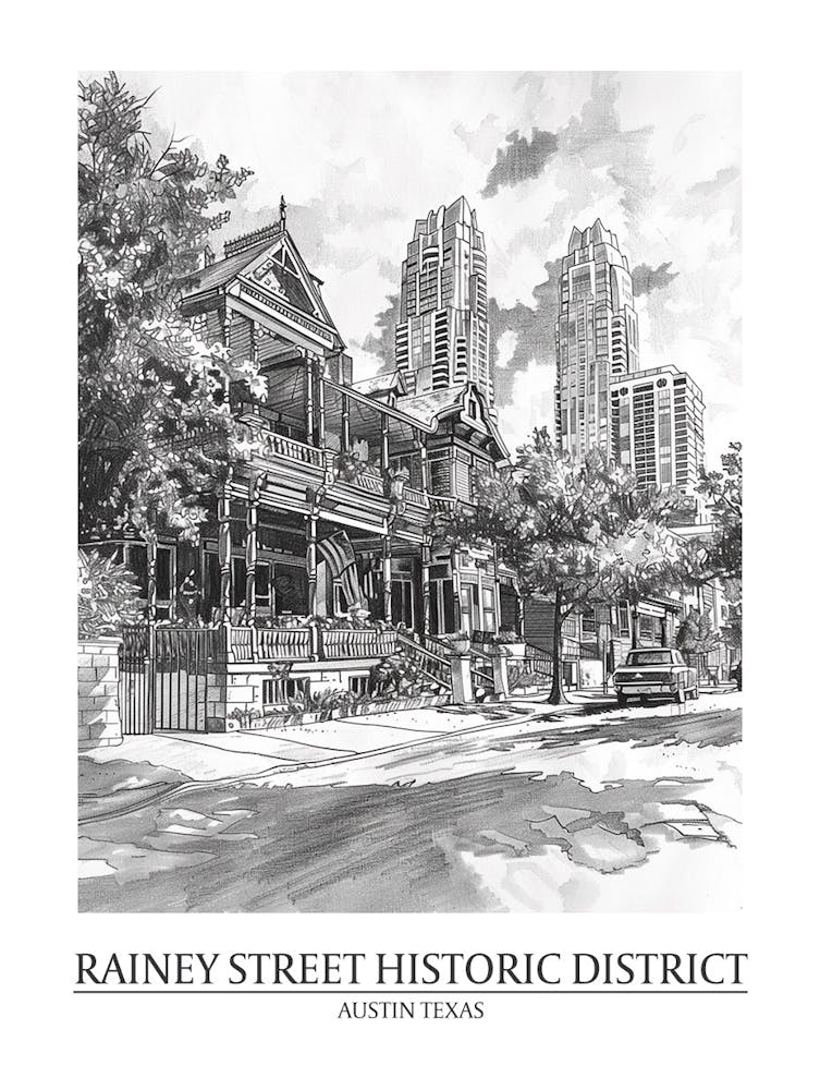 Rainey Street Historic District Austin Texas Black And White Drawing 2 Poster