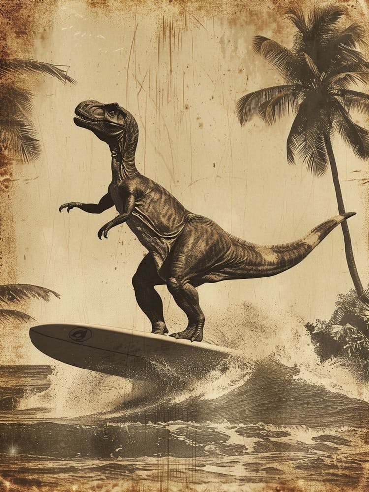 Vintage Maiasaura Dinosaur On A Surf Board   3