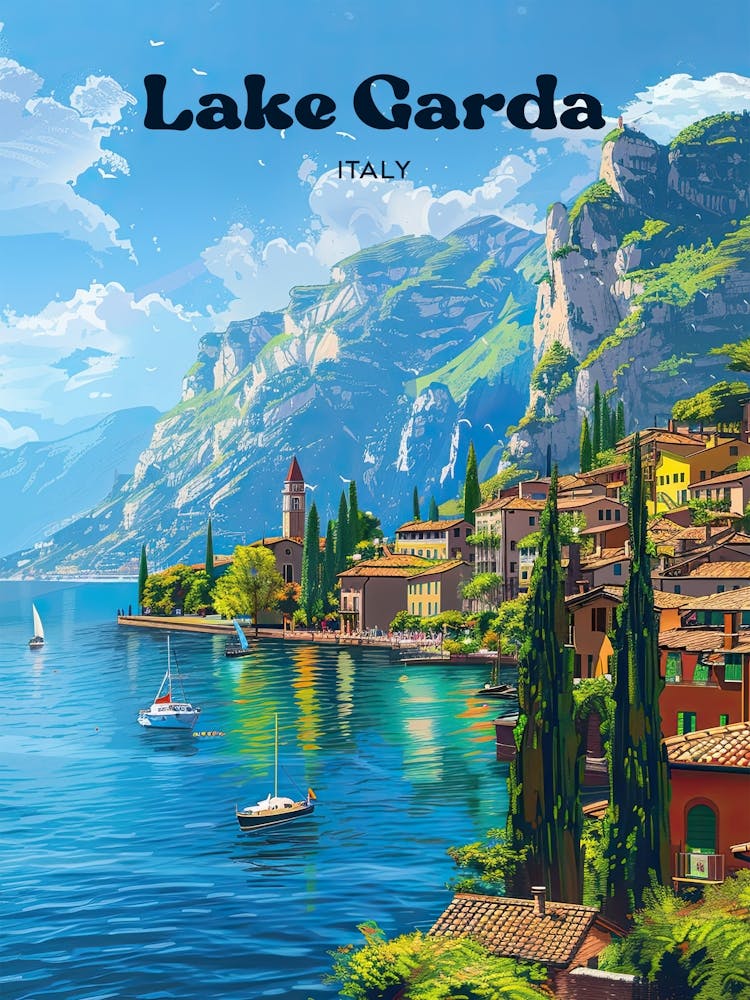 Lake Garda Italy Beautiful Travel Illustration