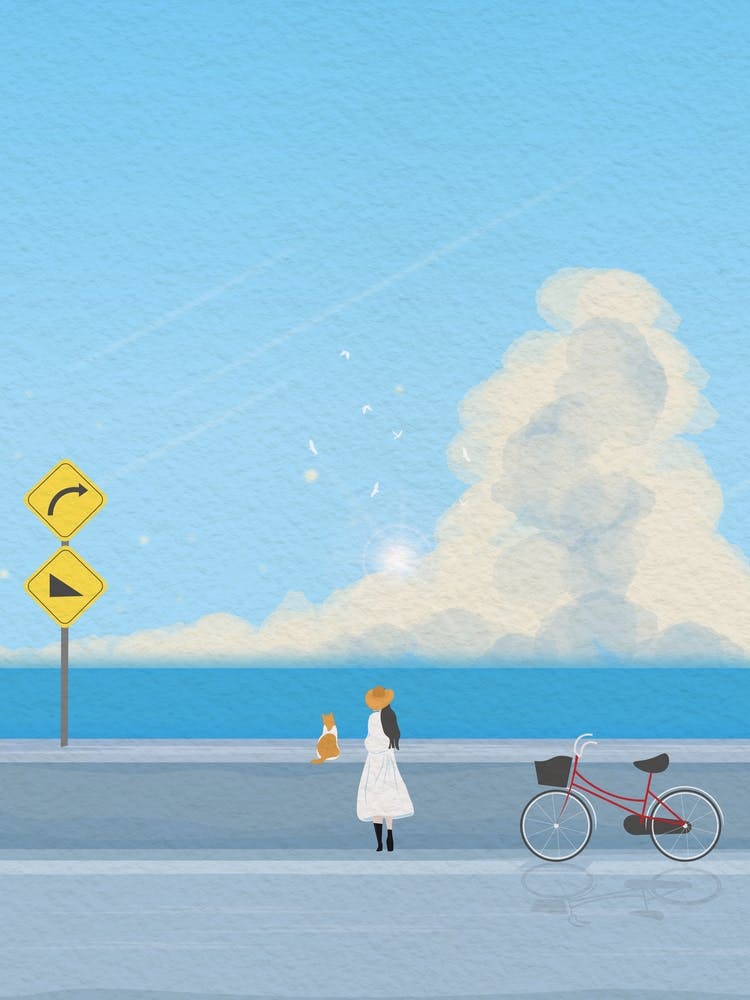 Minimal art illustration Beautiful view of seaside street with girls and bicycles