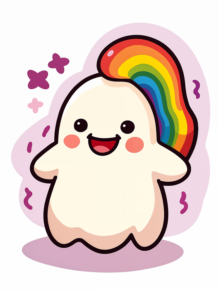 Cute White Ghost With Rainbow Hair