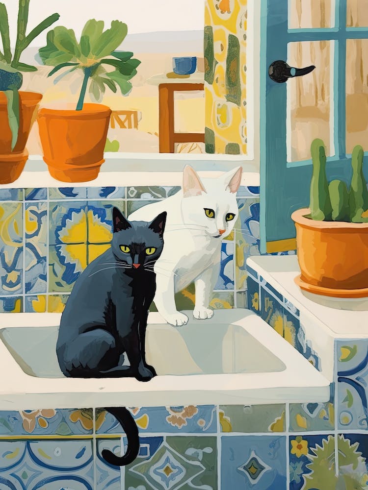 Black And White Cats In The Kitchen Sink, Mediterranean Style 1