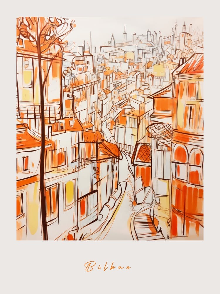 Bilbao Spain Orange Drawing Poster