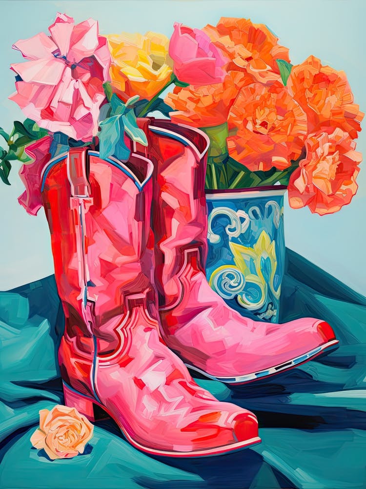 Oil Painting Of Pink And Red Flowers And Cowboy Boots, Oil Style 11