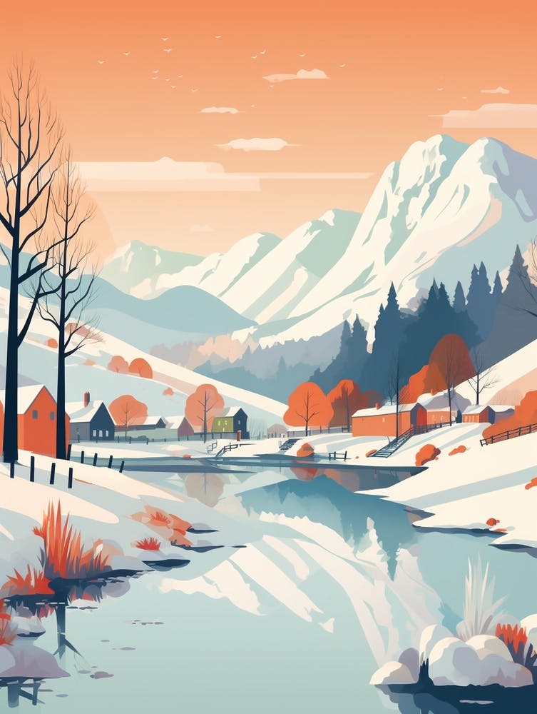 Vintage Winter Travel Illustration Lake District United Kingdom 4