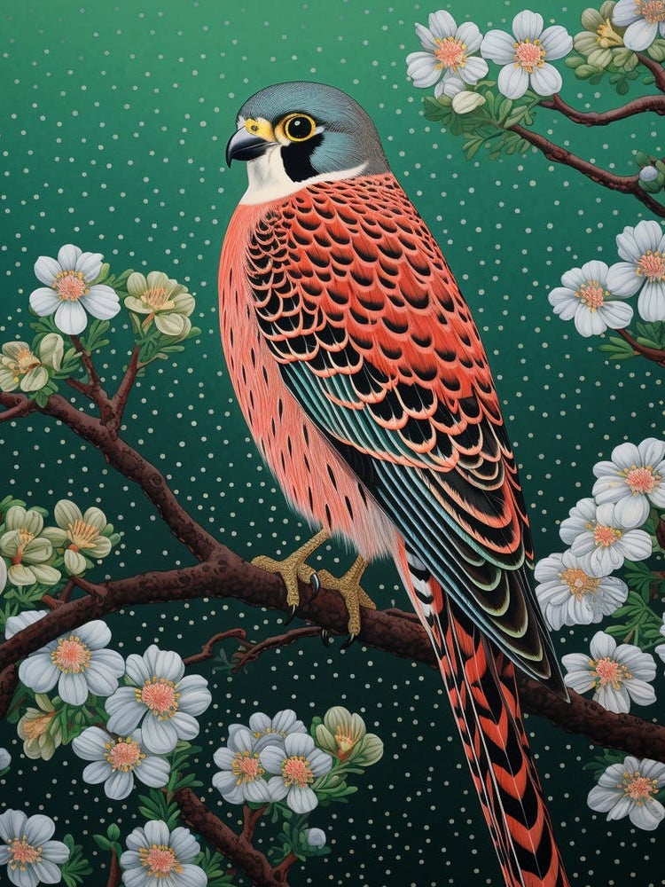 Ohara Koson Inspired Bird Painting American Kestrel 2