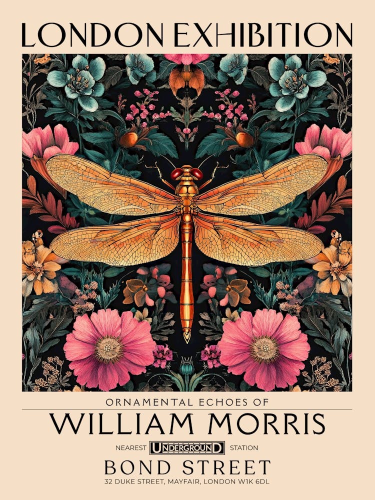 William Morris Libellen- und Blumenkunstwerk, Insekten- und Blumenmuster Vintage Botanischer Druck für Cottagecore, maximalistische Dekoration, Blumentapisserie Viktorianische Naturillustration Schlafzimmer Vintage Dekor 18