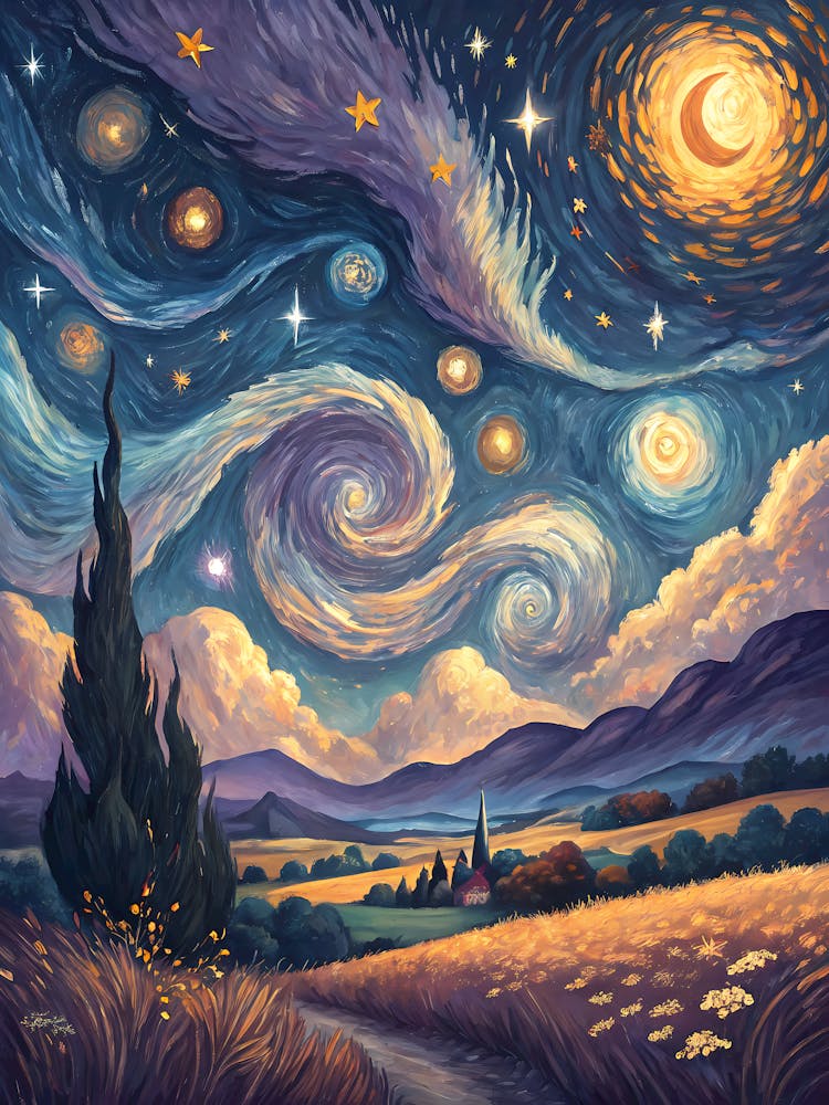 Magical Starry Night Landscape Oil Painting